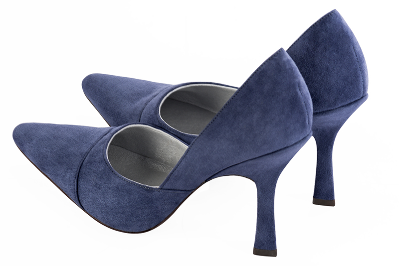 Prussian blue women's open arch dress pumps. Tapered toe. Very high spool heels. Rear view - Florence KOOIJMAN